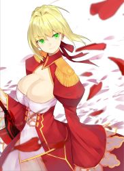 Rule 34 | 10s, 1girl, aestus estus, ahoge, blonde hair, blurry, blush, braid, breasts, cleavage, closed mouth, depth of field, dress, epaulettes, fate/extra, fate (series), floating hair, french braid, from side, green eyes, hair between eyes, hair intakes, hair ribbon, hand up, holding, holding sword, holding weapon, juliet sleeves, lace-trimmed sleeves, lace trim, large breasts, long sleeves, looking at viewer, nero claudius (fate), nero claudius (fate) (all), nero claudius (fate/extra), pen (pen3), petals, puffy sleeves, red dress, red ribbon, ribbon, short hair with long locks, sidelocks, simple background, smile, solo, standing, sword, tsurime, weapon, white background