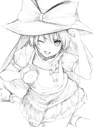 Rule 34 | 1girl, ;d, amazaki ria, apron, bad id, bad twitter id, blush, bow, braid, greyscale, hat, highres, kirisame marisa, long hair, looking at viewer, mini-hakkero, monochrome, one eye closed, open mouth, puffy sleeves, short sleeves, single braid, sketch, skirt, smile, solo, teeth, touhou, unfinished, vest, witch hat