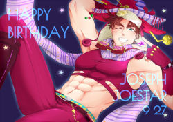 Rule 34 | 1boy, abs, arm behind head, battle tendency, boots, brown hair, character name, crop top, fingerless gloves, gloves, goggles, goggles around neck, green eyes, grin, happy birthday, hat, jojo no kimyou na bouken, joseph joestar, joseph joestar (young), lying, male focus, micken, midriff, muscular, navel, on back, one eye closed, red footwear, scarf, smile, solo, star (symbol), striped clothes, striped scarf, v