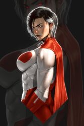 Rule 34 | 1girl, artist name, black background, black hair, bodysuit, breasts, cape, commentary, english commentary, from side, genderswap, genderswap (mtf), glowing, glowing eyes, grey hair, hibren, highres, invincible (series), large breasts, looking at viewer, looking to the side, mature female, multicolored hair, muscular, muscular female, nolan grayson, omni-man, red bodysuit, red cape, red eyes, short hair, skin tight, solo, two-tone bodysuit, two-tone hair, white bodysuit, white eyes, zoom layer