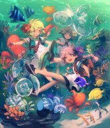 Rule 34 | 3girls, :3, :d, backpack, bag, bare legs, blonde hair, bow, coral, coral reef, dress, eel, fang, fish, flower, footwear bow, freediving, green hair, hair flower, hair ornament, highres, jellyfish, lee hyeseung, moorish idol, multiple girls, no socks, ocean, octopus, open mouth, original, outstretched arms, parted lips, pink hair, purple hair, ribbon, ribbon-trimmed clothes, ribbon-trimmed dress, ribbon trim, sailor dress, sea worms, shoes, short dress, short hair, short sleeves, shorts, shoulder bag, smile, spread arms, surgeonfish, tropical fish, underwater