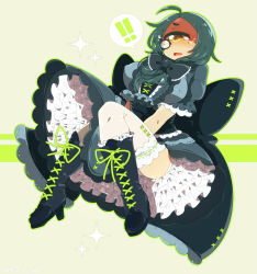 Rule 34 | !, !!, + +, 1girl, ahoge, blush, boots, bow, breasts, covered erect nipples, cross-laced footwear, cyclops, dress, dress tug, frilled dress, frilled sleeves, frills, green hair, green theme, highres, knee boots, lace, lace-trimmed legwear, lace-trimmed panties, lace-up boots, lace-up thighhighs, lace trim, large breasts, monocle, muroku (aimichiyo0526), one-eyed, open mouth, original, outline, panties, petticoat, puffy short sleeves, puffy sleeves, short sleeves, sitting, solo, sparkle, sweatdrop, tears, thighhighs, underwear, white panties, white thighhighs