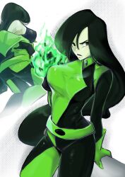 Rule 34 | 1girl, black hair, black lips, bodysuit, bound, bound knees, colored skin, fire, flaming hand, gloves, green bodysuit, green eyes, green fire, green gloves, green skin, highres, kim possible (series), long hair, looking at viewer, multicolored bodysuit, multicolored clothes, shego, solo, vialnite