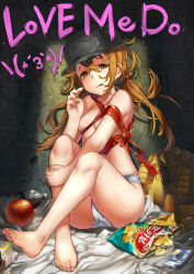 Rule 34 | 1girl, :q, apple, barefoot, blitzcrank, blush, book, bottle, box, breasts, brown eyes, brown hair, cellphone, chips (food), feet, food, fruit, hat, highres, korean text, league of legends, long hair, original, panties, pepsi, phone, potato chips, ribbon, sankyaku tako, small breasts, smartphone, solo, toes, tongue, tongue out, topless, twintails, underwear, white panties