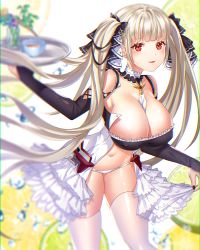 Rule 34 | 1girl, azur lane, bad id, bad pixiv id, bare shoulders, bent over, between breasts, black nails, blurry, bow, breasts, bubble, center opening, chang (user rpea4874), cleavage, collarbone, covered erect nipples, cup, depth of field, detached collar, dress, floating hair, flower, food, formidable (azur lane), frilled dress, frills, fruit, glint, groin, hair bow, highres, holding, holding tray, huge breasts, lemon, lemon slice, long hair, long sleeves, looking at viewer, nail polish, navel, parted lips, red eyes, revealing clothes, silver hair, smile, solo, stomach, tea, teacup, thighhighs, thighs, tray, twintails, vase, very long hair, white thighhighs