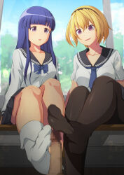 1boy 2girls black_pantyhose black_sailor_collar black_skirt blonde_hair blue_bow blue_bowtie blue_hair blue_neckerchief bow bowtie censored cooperative_footjob desk ffm_threesome footjob furude_rika group_sex hetero highres higurashi_no_naku_koro_ni houjou_satoko indoors long_hair mosaic_censoring multiple_girls neckerchief ocza on_desk pantyhose parted_lips penis purple_eyes sailor_collar school_desk school_uniform serafuku short_hair sitting skirt socks teamwork_(sexual) threesome white_socks window