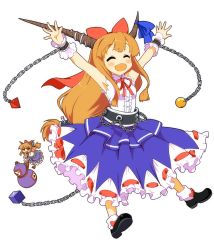 Rule 34 | 2girls, :d, ^ ^, armpits, arms up, chain, clone, closed eyes, fang, female focus, full body, gourd, happy, highres, horns, ibuki suika, long hair, mini person, minigirl, multiple girls, o/, open mouth, orange hair, outstretched arms, shirt, sleeveless, sleeveless shirt, smile, touhou, transparent background, wara (warapro), wrist cuffs