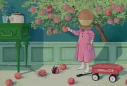 Rule 34 | 1girl, absurdres, ant, apple, apple tree, braid, bug, child, commentary request, covered face, cup, drawer, dress, drinking glass, flower, food, fruit, full body, highres, holding, holding food, holding fruit, indoors, insect, kettle, long hair, long sleeves, neck ribbon, original, picking fruit, pink dress, plant, pocket, pot on head, potted plant, purple flower, red ribbon, ribbon, scenery, shadow, socks, solo, stag beetle, standing, surreal, tree, wagon, wallpaper (object), white socks, wide shot, yoshiaki (yosiaki02)