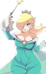 Rule 34 | 1girl, aqua eyes, arm up, bad id, bad pixiv id, bare shoulders, blonde hair, blue eyes, blush, breasts, bright background, cleavage, collarbone, cowboy shot, crown, dress, earrings, fingernails, floating hair, hair over one eye, hand up, holding, holding wand, jewelry, large breasts, lipstick, long fingernails, long hair, makeup, mario (series), nail polish, nintendo, nm qi, off-shoulder dress, off shoulder, rosalina, see-through silhouette, silhouette, smile, solo, star (symbol), super mario galaxy, wand