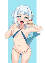 Rule 34 | 1girl, absurdres, bikini, bite mark, blue background, blue eyes, blue hair, blush, breasts, cake, collarbone, fins, fish tail, food, fruit, gawr gura, hair ornament, highres, hololive, hololive english, icing, looking at viewer, medium hair, micro bikini, multicolored hair, nail polish, navel, nipple slip, nipples, rika (akarika057), shark girl, shark hair ornament, shark tail, sharp teeth, small breasts, solo, strawberry, swimsuit, tail, teeth, tongue, tongue out, two-tone hair, two side up, virtual youtuber, white hair