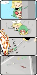 Rule 34 | 2girls, bow, bug, chibi, cicada, comic, goggles, gumi, hair bow, kagamine rin, long image, multiple girls, poking, sachirou, scared, shoes, silent comic, spring onion, tall image, vocaloid