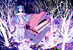 Rule 34 | 1girl, blue hair, boots, dress, elbow gloves, closed eyes, gloves, hand on own chest, hatsune miku, instrument, knee boots, kneehighs, long hair, open mouth, piano, siji (szh5522), socks, solo, tree, twintails, vocaloid