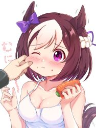 Rule 34 | 1girl, :&lt;, animal ears, blush, breasts, carrot, cheek pinching, cleavage, commentary request, highres, horse ears, looking at viewer, medium breasts, medium hair, mochitsuki wataame, pinching, portrait, pov, pov hands, purple eyes, simple background, solo focus, special week (umamusume), translation request, umamusume, white background