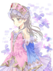 Rule 34 | 1girl, absurdres, arms at sides, atelier (series), atelier totori, blush stickers, breasts, brown eyes, brown hair, detached sleeves, dress, frilled dress, frills, from side, headdress, highres, miyama leaves, pink dress, small breasts, smile, solo, totooria helmold, white background