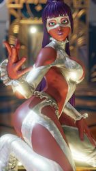 Rule 34 | 1girl, 3d, absurdres, alternate costume, alternate hair length, alternate hairstyle, artist request, ass, ass cutout, breasts, cleavage, cleavage cutout, clothing cutout, cosplay, curvy, dark-skinned female, dark skin, egyptian, female focus, highleg, highleg leotard, highres, huge ass, leotard, lips, long hair, menat, ponytail, purple hair, rainbow mika (cosplay), revealing clothes, ryona, screencap, shiny skin, smile, solo, street fighter, street fighter v, thong leotard, wide hips