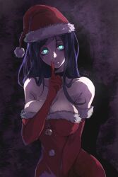 1girl black_choker blue_eyes breasts chainsaw_man choker christmas cleavage dress ediptus elbow_gloves finger_to_mouth fur-trimmed_dress fur-trimmed_gloves fur_trim gloves glowing glowing_eyes hat highres large_breasts long_hair looking_at_viewer mole mole_under_eye purple_hair red_dress red_gloves santa_claus santa_dress santa_hat shushing solo strapless