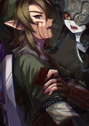 Rule 34 | 1boy, 1girl, bleeding, blonde hair, blood, blood from mouth, blood on clothes, blood on face, blood on hands, blue eyes, colored sclera, colored skin, commentary request, cuts, fingerless gloves, gloves, highres, hylian shield, injury, link, midna, multicolored skin, nintendo, open mouth, pointy ears, red eyes, sakuya 996, scar, scratches, shield, shield on back, the legend of zelda, the legend of zelda: twilight princess, torn clothes, two-tone skin