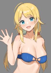 Rule 34 | 1girl, absurdres, ahoge, bikini, blonde hair, blue bikini, blue eyes, breasts, cleavage, hachimiya meguru, hair ornament, highres, idolmaster, idolmaster shiny colors, large breasts, looking at viewer, low twintails, o-ring, o-ring bikini, open mouth, simple background, smile, solo, star (symbol), star hair ornament, strapless, swimsuit, tube top, twintails, upper body, wanimaru