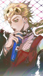 Rule 34 | 1boy, absurdres, alternate costume, black collar, black jacket, black lips, black nails, blonde hair, bracelet, braid, braided ponytail, collar, ear chain, ear piercing, earrings, eyelashes, fishnet top, fishnets, floating hair, giorno giovanna, green eyes, highres, holding, holding microphone, jacket, jewelry, jojo no kimyou na bouken, lipstick, long hair, looking away, makeup, male focus, microphone, multiple rings, nail polish, necklace, parted lips, piercing, red shirt, ring, shiny clothes, shirt, single braid, sleeveless, sleeveless shirt, solo, spiked collar, spikes, thoordinary, upper body, vento aureo