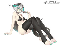 Rule 34 | 1girl, :p, aqua eyes, aqua nails, arknights, breasts, choker, feathered wings, food, full body, grey hair, hair between eyes, head wings, highres, ho&#039;olheyak (arknights), ice cream, kuromonou, long tail, looking at viewer, nail polish, sidelocks, simple background, snake tail, solo, swimsuit, tail, thighhighs, tongue, tongue out, wings