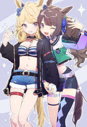 Rule 34 | 2girls, ;d, animal ears, argyle, argyle clothes, argyle shirt, arm up, bandeau, belt, black belt, black choker, black jacket, black skirt, black thighhighs, blonde hair, blue bow, blue eyes, blue ribbon, bow, breasts, brown hair, chain, choker, cleavage, collar, collarbone, commentary, cowboy shot, cropped jacket, cutoffs, denim, denim shorts, ear bow, ear ornament, gloves, gold chain, gold city (umamusume), green jacket, green shirt, grin, hair ribbon, highres, holding hands, horse ears, horse girl, horse tail, jacket, jewelry, long hair, long sleeves, looking at viewer, medium breasts, mich1a, midriff, multicolored nails, multiple girls, navel, one eye closed, open clothes, open jacket, open mouth, purple belt, purple collar, ribbon, shirt, short shorts, shorts, sidelocks, single glove, single thighhigh, skindentation, skirt, smile, standing, striped bandeau, swept bangs, tail, teeth, thigh strap, thighhighs, tosen jordan (umamusume), twintails, umamusume, watch, white gloves, wristwatch