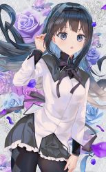 Rule 34 | 1girl, :o, absurdres, akemi homura, black hair, black hairband, capelet, flower, hairband, hand in own hair, hand up, highres, isuzu (an icy cat), long hair, looking at viewer, magical girl, mahou shoujo madoka magica, mahou shoujo madoka magica (anime), open mouth, petals, purple eyes, skirt, solo