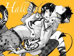Rule 34 | 1boy, 1girl, arm tattoo, bags under eyes, black hair, black nails, chest tattoo, claws, demon girl, demon tail, demon wings, denim, dual persona, earrings, fangs, from side, genderswap, genderswap (mtf), greyscale with colored background, hair ornament, halloween, highres, hug, jeans, jewelry, multiple persona, one piece, pants, pointy ears, short hair, shoulder tattoo, sideburns, single thighhigh, snow leopard, tail, tattoo, thighhighs, topless male, trafalgar law, wings, xuchuan, yellow background, yellow eyes