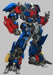 Rule 34 | absurdres, blue eyes, clenched hand, contrapposto, full body, grey background, hand up, highres, legs apart, mecha, no humans, optimus prime, robot, simple background, solo, standing, transformers, transformers (live action), yd (orange maru)