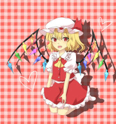 Rule 34 | 1girl, ascot, bad id, bad pixiv id, blonde hair, bow, checkered background, fang, female focus, flandre scarlet, hand on thigh, hat, hat ribbon, heart, kneeling, looking at viewer, mob cap, open mouth, puffy sleeves, red eyes, ribbon, shadow, short hair, short sleeves, skirt, slit pupils, solo, soumi (soumi9357), touhou, vest, wings