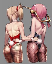 Rule 34 | 2girls, absurdres, ass, back, bare arms, bare shoulders, black leotard, blonde hair, braid, breasts, commentary request, cropped torso, facing away, fate/grand order, fate (series), fishnet legwear, fishnets, frankenstein&#039;s monster (fate), french braid, from behind, grey background, hair ornament, hair scrunchie, hand on another&#039;s back, highres, horns, leotard, mechanical horns, medium breasts, medium hair, mordred (fate), mordred (fate/apocrypha), multiple girls, muscular, pantyhose, pink hair, playboy bunny, ponytail, rabbit tail, rahato, red leotard, red scrunchie, scrunchie, shoulder blades, side-by-side, sideboob, simple background, single horn, tail