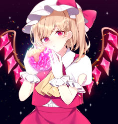 Rule 34 | + +, 1girl, apple, ascot, black background, blonde hair, blush, bow, collared shirt, commentary, crystal, crystal apple, flandre scarlet, food, frilled sleeves, frills, fruit, glowing, hands up, hat, hat bow, head tilt, highres, holding, holding food, holding fruit, looking at viewer, mob cap, one side up, parted lips, puffy short sleeves, puffy sleeves, red bow, red eyes, red skirt, red vest, shirt, short hair, short sleeves, simple background, skirt, solo, symbol-only commentary, symbol-shaped pupils, touhou, upper body, vest, white hat, white shirt, wings, wrist cuffs, yellow ascot, yurui tuhu