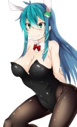 Rule 34 | &gt;:), 1girl, alternate costume, animal ears, aqua eyes, aqua hair, arms behind back, bad id, bad pixiv id, bare shoulders, black leotard, black pantyhose, blush, bow, bowtie, breasts, cleavage, closed mouth, covered navel, cowboy shot, detached collar, forced smile, frog hair ornament, hair between eyes, hair ornament, highleg, highleg leotard, highres, hiiragi ken, kochiya sanae, large breasts, leaning forward, leotard, long hair, pantyhose, playboy bunny, rabbit ears, red bow, red bowtie, sidelocks, snake hair ornament, solo, sweat, touhou, v-shaped eyebrows, white background