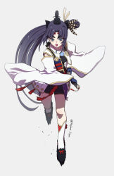 Rule 34 | 1girl, black hair, black hat, blue eyes, fate/grand order, fate (series), feather hair ornament, feathers, hair ornament, hat, holding, holding sword, holding weapon, japanese clothes, katana, kiya hajime, long sleeves, melty blood: type lumina, open mouth, ponytail, solo, sword, twitter username, ushiwakamaru (fate), ushiwakamaru (tour outfit) (fate), weapon, white background, white sleeves