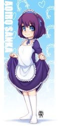 Rule 34 | 1girl, 2019, apron, artist name, blue background, blue dress, blue eyes, character name, clothes lift, dated, dress, dress lift, full body, gradient background, highres, kneehighs, lifting own clothes, maid, maid headdress, original, purple hair, rinkae, short hair, simple background, smile, socks, solo, white apron, white socks