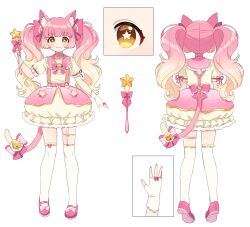 Rule 34 | 1other, :3, absurdres, animal ears, arm at side, arms at sides, back bow, bell, belt, blonde hair, blunt bangs, blush, bow, bowtie, bridal garter, brooch, bubble skirt, buttons, cat ears, cat tail, character sheet, choker, fingerless gloves, footwear bow, frilled choker, frilled skirt, frilled sleeves, frills, from behind, full body, garter straps, gloves, gradient hair, hair bow, hair ornament, hand up, heel up, highres, holding, holding wand, jewelry, legs apart, long hair, magical star (millie (mahoustars)), mary janes, miniskirt, multicolored hair, multiple views, neck bell, original, overskirt, pigeon-toed, pink belt, pink bow, pink bowtie, pink choker, pink footwear, pink hair, pink sailor collar, pink skirt, puffy short sleeves, puffy sleeves, sailor collar, shirt, shoes, short sleeves, sidelocks, simple background, single garter strap, skirt, star (symbol), star hair ornament, star in eye, straight-on, sukoyaka (100hituzi), suspenders, symbol in eye, tail, tail bell, tail bow, tail ornament, thighhighs, tied sleeves, transparent background, twintails, very long hair, wand, wavy hair, white gloves, white thighhighs, yellow eyes, yellow shirt, yellow skirt
