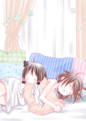 Rule 34 | 10s, 2girls, aged down, bare shoulders, black hair, brown hair, closed eyes, curtains, detached sleeves, dress, hair ornament, headgear, ishida mia, kantai collection, long hair, lying, multiple girls, on person, on side, open mouth, pillow, polka dot pillow, shigure (kancolle), short hair, sleeping, sleeveless, sleeveless dress, striped, striped pillow, vertical stripes, wide sleeves, yamashiro (kancolle)