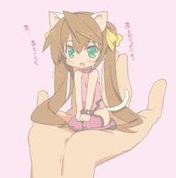 Rule 34 | 10s, 1girl, animal ears, bad id, bad pixiv id, blade (galaxist), boots, brown hair, cat ears, cat tail, green eyes, huang lingyin, in palm, infinite stratos, kneeling, leotard, mini person, minigirl, pink footwear, solo focus, tail, thigh boots, thighhighs, translation request, twintails