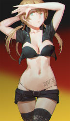 Rule 34 | 10s, 1girl, aqua eyes, arm behind head, arm up, belt, black background, black bra, black panties, black thighhighs, blonde hair, bra, breasts, cancer (zjcconan), chromatic aberration, cleavage, collarbone, cowboy shot, cropped jacket, german flag, german text, germany, gradient background, kantai collection, lace, lace-trimmed panties, lace trim, looking at viewer, low twintails, lowleg, lowleg panties, midriff, navel, panties, parted lips, prinz eugen (kancolle), red background, short shorts, shorts, solo, tattoo, thigh gap, thighhighs, twintails, underwear, yellow background, ||/