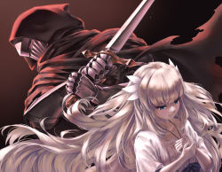 Rule 34 | 1girl, 1other, absurdres, cloak, closed mouth, dress, ender lilies quietus of the knights, frown, gauntlets, gradient background, green eyes, grey hair, helmet, highres, holding, holding sword, holding weapon, hood, hood up, hooded cloak, jewelry, lily (ender lilies), long hair, mayagi (mayagi61), own hands together, pendant, red cloak, sword, torn cloak, torn clothes, umbral knight (ender lilies), upper body, very long hair, weapon, white dress