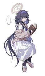 Rule 34 | ..., 1girl, black hair, blue archive, blue hairband, blue neckerchief, book, cardigan, crossed bangs, full body, hair between eyes, hair ribbon, hairband, hakasesuitchi, halo, highres, holding, holding book, invisible chair, long hair, long sleeves, neckerchief, parted lips, ribbon, sailor collar, school uniform, serafuku, simple background, sitting, skirt, slippers, solo, spoken ellipsis, sweat, twintails, ui (blue archive), very long hair, white background, white sailor collar, white skirt