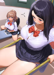 Rule 34 | 2girls, ^^^, bag, black hair, black skirt, blush, bow, bowtie, bra visible through clothes, breasts, brown hair, cleavage, clenched teeth, collarbone, commentary request, hair ornament, hairclip, inconvenient ass, kaisen chuui, large breasts, long hair, miniskirt, multiple girls, original, outdoors, panties, purple eyes, purple panties, school bag, school uniform, seesaw, shirt, side-tie panties, side-tie peek, skirt, slide, stuck, teeth, thighs, underwear, white shirt