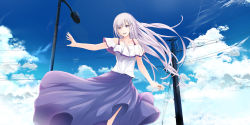 Rule 34 | 1girl, :d, alternate costume, bad id, bad pixiv id, blue skirt, blue sky, casual, cloud, collarbone, cosmicsnic, emilia (re:zero), floating hair, hair ornament, highres, long hair, long skirt, looking at viewer, off-shoulder shirt, off shoulder, open mouth, outdoors, outstretched arm, purple eyes, re:zero kara hajimeru isekai seikatsu, shirt, silver hair, skirt, sky, smile, solo, standing, very long hair, white shirt