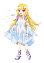 Rule 34 | 1girl, aged down, arms at sides, artist request, blonde hair, blue eyes, clothes lift, collarbone, dress, dress lift, eyelashes, feet, female focus, flat chest, full body, hair ornament, happy, highres, legs, long hair, long sleeves, neck, nintendo, no bra, open mouth, pink footwear, pointy ears, princess zelda, sandals, shiny clothes, sidelocks, simple background, sparkle, standing, the legend of zelda, the legend of zelda: skyward sword, tiptoes, toenails, toes, toga, tunic, white background, white dress, white tunic, wide sleeves