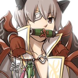 Rule 34 | 1boy, animal ears, armor, brown eyes, cat ears, coat, commentary request, eyepatch, grey hair, jacket, japanese armor, kagerou (ragnarok online), looking at viewer, male focus, mouth hold, natsuya (kuttuki), ragnarok online, scroll, scroll tube, short hair, shoulder armor, simple background, sode, solo, upper body, white background, white coat, white jacket