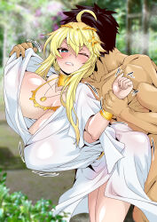 Rule 34 | 1boy, 1girl, ahoge, ancient greek clothes, artoria pendragon (fate), artoria pendragon (lancer) (fate), ass, ass press, black hair, blonde hair, blush, bracelet, breasts, cleavage, colored skin, crown, forest, fujimaru ritsuka (male), greco-roman clothes, highres, jewelry, large breasts, momohara rile, muscular, muscular male, nature, necklace, nude, sex, spiked hair, white skin