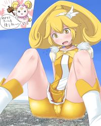 Rule 34 | 10s, 1girl, bike shorts, blonde hair, bow, cameltoe, candy (smile precure!), city, crotch, cure peace, giant, giantess, hair flaps, hammer, highres, huge giantess, kise yayoi, magical girl, pink bow, precure, shorts, shorts under skirt, skirt, smile precure!, terada ochiko, tiara, translation request, yellow bow, yellow eyes, yellow shorts, yellow skirt, yellow theme