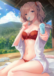 Rule 34 | 1girl, blush, bra, breasts, brown hair, collarbone, cross-laced clothes, cross-laced top, day, dress shirt, eating, food, food in mouth, giving, hair ornament, hair scrunchie, hand fan, hands up, highres, holding, incoming food, lace, lace-trimmed bra, lace-trimmed panties, lace trim, looking at viewer, moe2021, mole, mole on breast, mountainous horizon, navel, no pants, off shoulder, open clothes, open shirt, original, outdoors, panties, paper fan, popsicle, red bra, red panties, scrunchie, shade, shirt, sitting, solo, strapless, strapless bra, sunlight, tatami, tokimaru, twintails, uchiwa, underwear, veranda, wariza, white shirt, wind chime