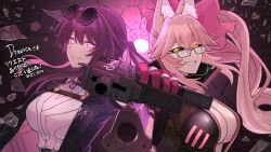 Rule 34 | 021 shiro, aiming, aiming at viewer, animal ear fluff, animal ears, black bodysuit, black jacket, black sclera, blush, bodysuit, breasts, cleavage, colored sclera, commission, eyewear on head, fate/grand order, fate (series), fox ears, fox girl, glasses, gloves, glowing, glowing eyes, gun, hair between eyes, handgun, highres, holding, holding gun, holding weapon, honkai: star rail, honkai (series), jacket, kafka (honkai: star rail), koyanskaya (assassin) (first ascension) (fate), koyanskaya (fate), large breasts, long hair, long sleeves, looking at viewer, open mouth, pink hair, purple eyes, purple gloves, purple hair, round eyewear, shirt, smile, sunglasses, tamamo (fate), upper body, weapon, white shirt, yellow eyes