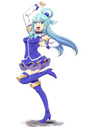 Rule 34 | 1girl, :d, aqua (konosuba), arm up, blue bow, blue bowtie, blue eyes, blue hair, boots, bow, bowtie, breasts, commentary request, detached sleeves, female focus, full body, hand up, high heel boots, high heels, ishii hisao, knee boots, kono subarashii sekai ni shukufuku wo!, leg up, long sleeves, looking at viewer, medium breasts, open mouth, purple footwear, purple skirt, purple vest, simple background, skin tight, skirt, smile, solo, standing, standing on one leg, tiptoes, vest, white background
