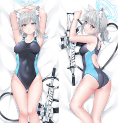 Rule 34 | 1girl, absurdres, animal ear fluff, animal ears, armpits, arms up, ass, back, bare shoulders, bed sheet, black one-piece swimsuit, blue archive, blush, breasts, competition swimsuit, covered navel, cross hair ornament, dakimakura (medium), extra ears, feet out of frame, from above, gluteal fold, grey hair, gun, hair ornament, halo, highres, long hair, looking at viewer, lying, masabodo, medium breasts, multiple views, on back, on stomach, one-piece swimsuit, shiroko (blue archive), short ponytail, swimsuit, thigh gap, weapon, wolf ears